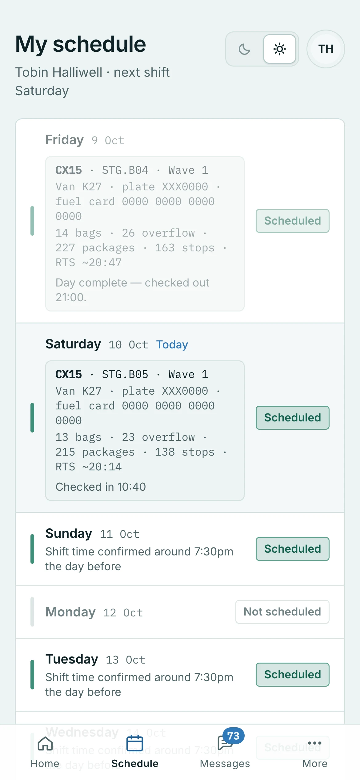 A driver's own schedule on a phone: a week of days, each marked scheduled or not, with the van, route and packages on the day that has been sent.